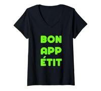 Womens Green Color Bon App Etit Green Graphic V-Neck T-Shirt
