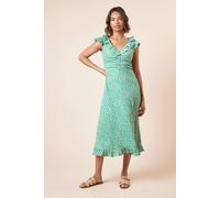 Womens Green Ditsy Frill Neck Ruched Front Jersey Midi Dress Green 16
