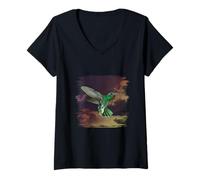 Womens Green Hummingbird Clouds Colorful Humminbird Bird V-Neck T-Shirt