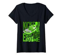 Women's Green Kicks Rule Everything Around Me Green Graphic V-Neck T-Shirt