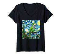 Womens Green Monk Parakeet Quaker Parrot Bird Starry Night Van Gogh V-Neck T-Shirt