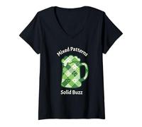 Women's Green Patchwork Beer Mug St Patricks Day Shamrock Clover V-Neck T-Shirt