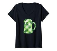 Women's Green Patchwork Beer Mug St Patricks Day Shamrock Clover V-Neck T-Shirt