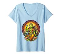 Women's Green Tara Tibetan Buddhism Goddess Ancient Stained Glass V-Neck T-Shirt