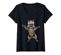 Women's Grey Cat Jumping V-Neck T-Shirt