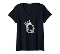 Womens Grey Color Letter Q Initial + Crown Grey Graphic V-Neck T-Shirt