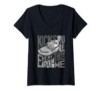 Women's Grey Kicks Rule Everything Around Me Grey Graphic V-Neck T-Shirt