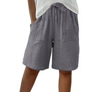 Womens Grey Petite Cotton Linen Trousers High Waist Pull On Bermuda Shorts Baggy Capri Pants Ladies Oversized Cotton Pants Hiking Walking Wear Lounge Knee Length Shorts Streetwear Pant