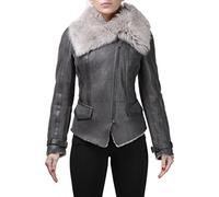 Women's Grey Short Real Toscana Shearling Sheepskin Wool Flying Jacket