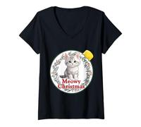 Womens Grey Tabby Kitten Cat on Christmas Ornament Art V-Neck T-Shirt