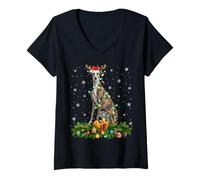 Womens Greyhound Christmas Lights Reindeer Santa Hat Dog Xmas V-Neck T-Shirt