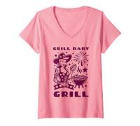 Womens Grill Baby Grill 4th of July Retro Pin Up USA V-Neck T-Shirt