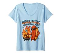 Womens Grill First Ask Questions Never Funny BBQ Graphic V-Neck T-Shirt