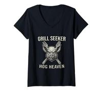 Womens Grill Seeker Hog Heaven Funny BBQ Pig for Men V-Neck T-Shirt