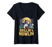 Womens Grillin' and Howlin' Halloween BBQ Party Werewolf V-Neck T-Shirt