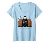 Womens Grim Reaper Black Cat Sitting On Lap Death Can Wait Funny V-Neck T-Shirt