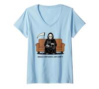 Womens Grim Reaper Black Cat Sitting On Lap Death Can Wait Funny V-Neck T-Shirt