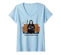 Womens Grim Reaper Black Cat Sitting On Lap Death Can Wait Funny V-Neck T-Shirt