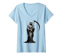 Womens Grim Reaper Gothic Cloaked Skeleton Goth Memento Mori Design V-Neck T-Shirt
