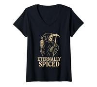 Women's Grim Reaper Pumpkin Spice Latte Eternally Spiced V-Neck T-Shirt