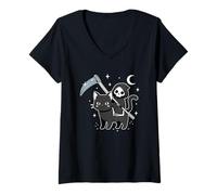 Womens Grim Reaper Riding Black Cat Halloween Costume Kawaii Anime V-Neck T-Shirt