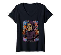 Womens Grim Reaper Skeleton Spray Cans Urban Art V-Neck T-Shirt