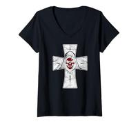 Womens Grim Reaper With Cross Background Red Face Distressed Grunge V-Neck T-Shirt