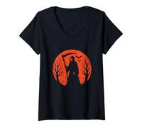 Womens Grim Reaper with Scythe Halloween Moon V-Neck T-Shirt
