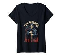 Womens Grim Reaper Wizard with Raven Dark Fantasy V-Neck T-Shirt