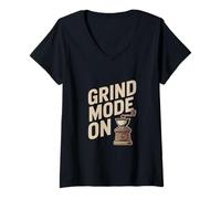 Womens Grind Mode On Coffee Grinder Barista Motivation V-Neck T-Shirt