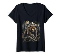 Women's Grizzly Bear Moon Wilderness Wildlife Mountain Art V-Neck T-Shirt