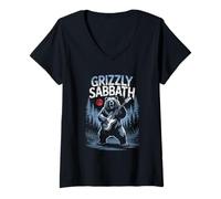 Womens Grizzly Sabbath Bear with Guitar Rock Music Forest Scene V-Neck T-Shirt
