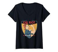 Womens GRL RIOT Empowerment Retro Pop Art V-Neck T-Shirt