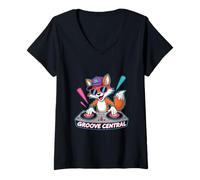 Womens Groove Central Dj Fox Beats Music Vibes V-Neck T-Shirt