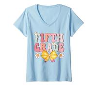 Womens Groovy 5th Grade Back To School First Day of Fifth Grade V-Neck T-Shirt