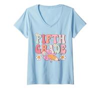 Womens Groovy 5th Grade Back To School First Day of Fifth Grade V-Neck T-Shirt