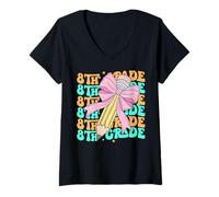 Womens Groovy 8th Grade Back to School First Day of Eighth Grade V-Neck T-Shirt