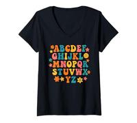 Womens Groovy ABC Alphabet Letters Colorful Back to School Teacher V-Neck T-Shirt