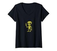 Womens Groovy Alien Giving Peace Sign Retro Cosmic Vibes V-Neck T-Shirt