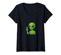 Womens Groovy Alien Giving Peace Sign Retro Cosmic Vibes V-Neck T-Shirt