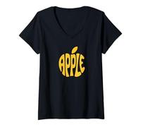 Women's Groovy Apple Silhouette Yellow Retro Fruit Typography Art V-Neck T-Shirt