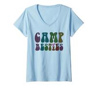 Womens Groovy CAMP BESTIES BFF In-Tents Mode On Cruising Girls V-Neck T-Shirt