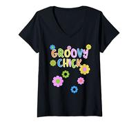 Womens Groovy Chick Tshirt For Women Hippy 60s 70s Flower Power V-Neck T-Shirt