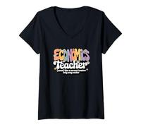 Womens Groovy Economics Teacher Money Finance Back to School V-Neck T-Shirt