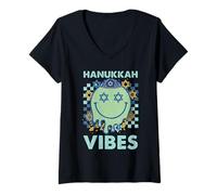 Womens Groovy Hanukkah Vibes Chanukah Pajama Happy Chanukah V-Neck T-Shirt