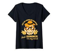 Womens Groovy Happy Face Summer Vibes Got My Mind On Summer Teacher V-Neck T-Shirt