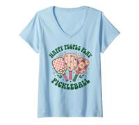 Women's Groovy Happy People Play Pickleball Design Retro Daisy V-Neck T-Shirt