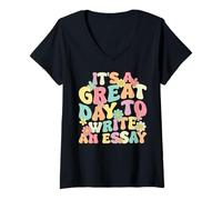 Womens Groovy It's Great Day to Write an Essay English Teacher V-Neck T-Shirt
