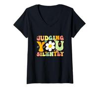 Womens Groovy Judging You Silently A Humor Sarcasm And Funny Joke V-Neck T-Shirt