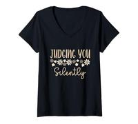 Womens Groovy Judging You Silently A Humor Sarcasm And Funny Joke V-Neck T-Shirt